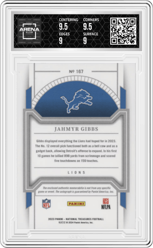 Jahmyr Gibbs from the 2023 Panini National Treasures set graded by Arena Club and given an overall grade of 9.5.