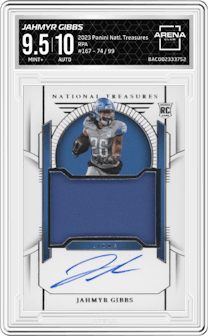 Jahmyr Gibbs from the 2023 Panini National Treasures set graded by Arena Club and given an overall grade of 9.5.