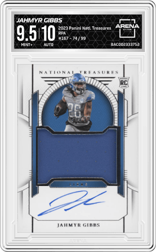 Jahmyr Gibbs from the 2023 Panini National Treasures set graded by Arena Club and given an overall grade of 9.5.