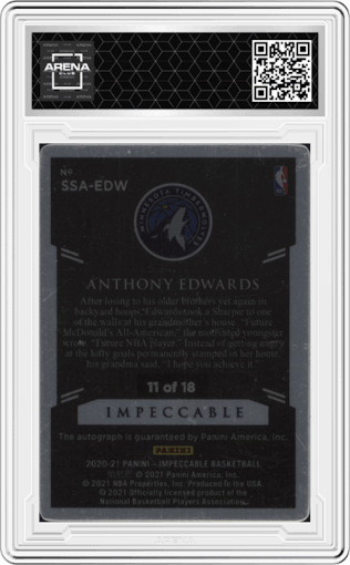 Anthony Edwards from the 2020-21 Panini Impeccable set featuring a Asia Red parallel graded by Arena Club.
