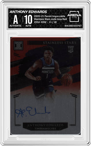 Anthony Edwards from the 2020-21 Panini Impeccable set featuring a Asia Red parallel graded by Arena Club.