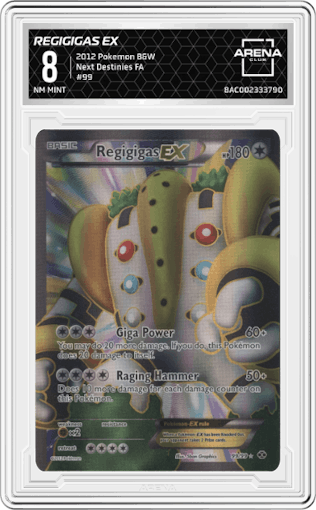 Regigigas ex from the 2012 Pokemon B&W set graded by Arena Club and given an overall grade of 8.