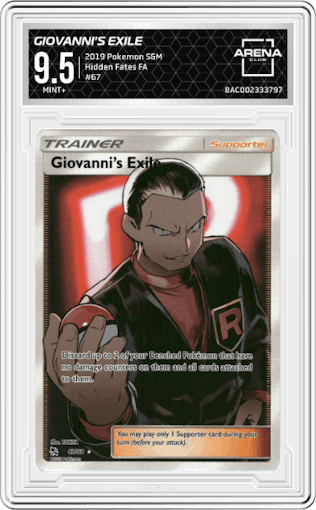 Giovanni's Exile from the 2019 Pokemon S&M  set graded by Arena Club and given an overall grade of 9.5.