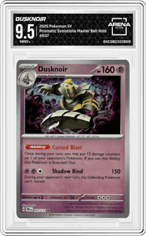 Dusknoir from the 2025 Pokemon SV set featuring a Master Ball parallel graded by Arena Club and given an overall grade of 9.5.