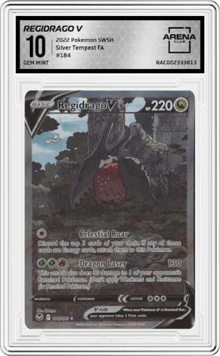 Regidrago V from the 2022 Pokemon SWSH set graded by Arena Club and given an overall grade of 10.