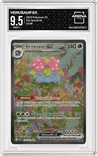 Venusaur ex from the 2023 Pokemon SV set graded by Arena Club and given an overall grade of 9.5.