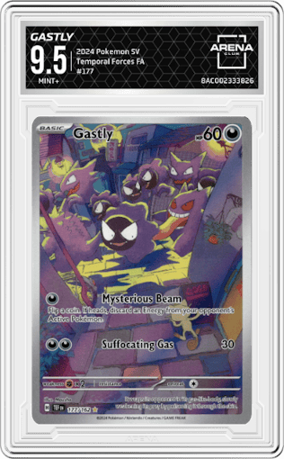 Gastly from the 2024 Pokemon SV set graded by Arena Club and given an overall grade of 9.5.