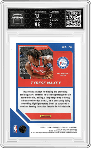 Tyrese Maxey from the 2020-21 Panini Chronicles set graded by Arena Club and given an overall grade of 9.5.