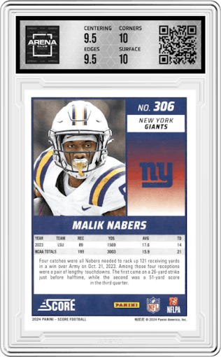 Malik Nabers from the 2024 Panini Score set graded by Arena Club and given an overall grade of 10.