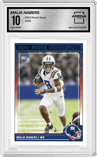 Malik Nabers from the 2024 Panini Score set graded by Arena Club and given an overall grade of 10.