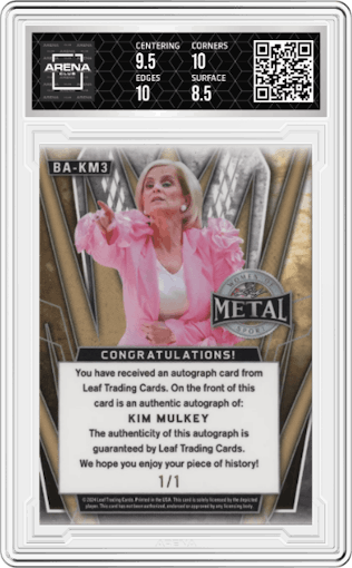 Kim Mulkey from the 2024 Leaf Metal Women of Sport set featuring a Purple Pulsar parallel graded by Arena Club and given an overall grade of 9.