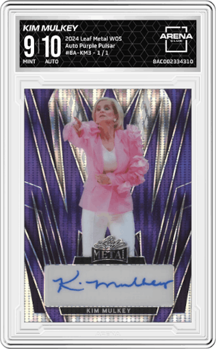 Kim Mulkey from the 2024 Leaf Metal Women of Sport set featuring a Purple Pulsar parallel graded by Arena Club and given an overall grade of 9.