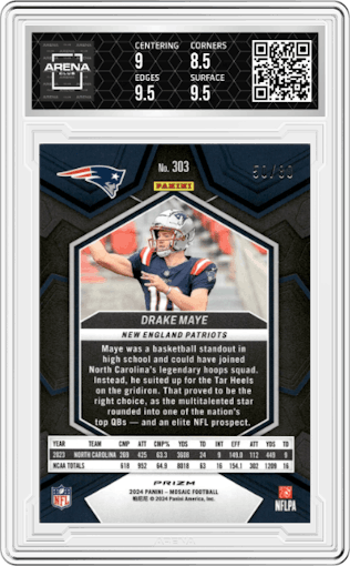 Drake Maye from the 2024 Panini Mosaic set featuring a Choice Red/Yellow Fusion parallel graded by Arena Club and given an overall grade of 9.