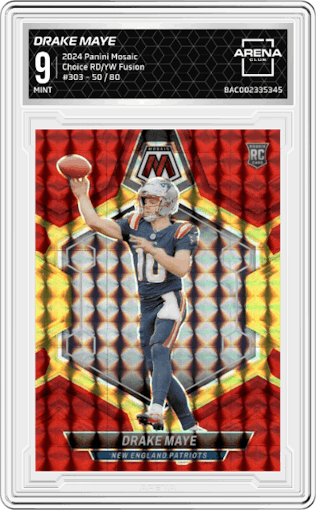 Drake Maye from the 2024 Panini Mosaic set featuring a Choice Red/Yellow Fusion parallel graded by Arena Club and given an overall grade of 9.