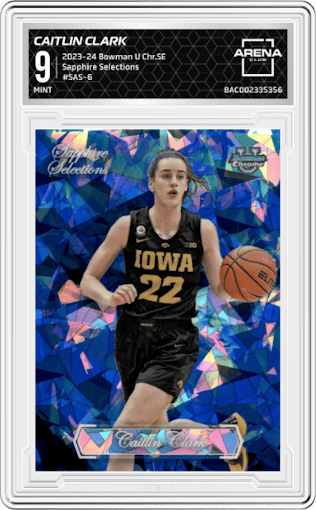 Caitlin Clark from the 2023-24 Bowman U Chrome Sapphire set graded by Arena Club and given an overall grade of 9.