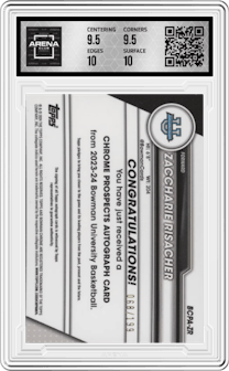 Zaccharie Risacher from the 2023-24 Bowman U Chrome set featuring a Lava Refractor parallel graded by Arena Club and given an overall grade of 10.
