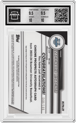 Zaccharie Risacher from the 2023-24 Bowman U Chrome set featuring a Lava Refractor parallel graded by Arena Club and given an overall grade of 10.