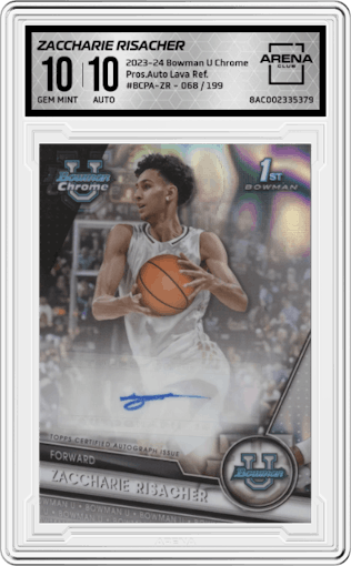 Zaccharie Risacher from the 2023-24 Bowman U Chrome set featuring a Lava Refractor parallel graded by Arena Club and given an overall grade of 10.