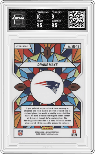 Drake Maye from the 2024 Panini Mosaic set graded by Arena Club and given an overall grade of 9.5.