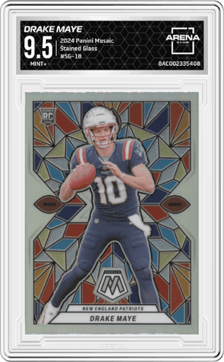 Drake Maye from the 2024 Panini Mosaic set graded by Arena Club and given an overall grade of 9.5.