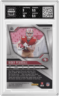 Ricky Pearsall from the 2024 Panini Prizm set featuring a Green Scope parallel graded by Arena Club and given an overall grade of 9.5.