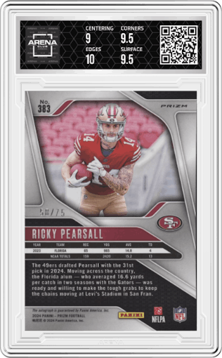 Ricky Pearsall from the 2024 Panini Prizm set featuring a Green Scope parallel graded by Arena Club and given an overall grade of 9.5.