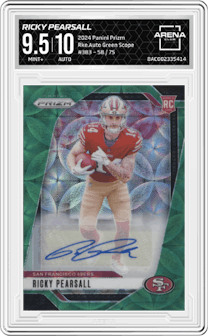 Ricky Pearsall from the 2024 Panini Prizm set featuring a Green Scope parallel graded by Arena Club and given an overall grade of 9.5.