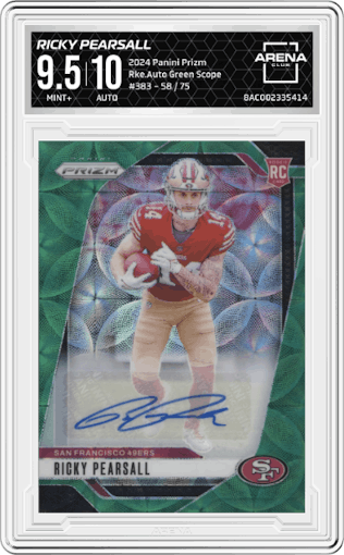 Ricky Pearsall from the 2024 Panini Prizm set featuring a Green Scope parallel graded by Arena Club and given an overall grade of 9.5.