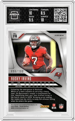 Bucky Irving from the 2024 Panini Prizm set featuring a Choice parallel graded by Arena Club and given an overall grade of 9.