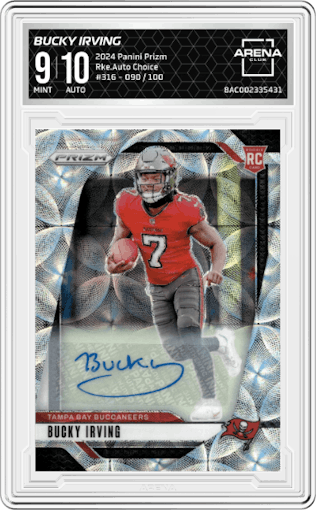 Bucky Irving from the 2024 Panini Prizm set featuring a Choice parallel graded by Arena Club and given an overall grade of 9.