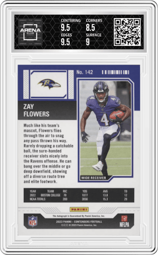 Zay Flowers from the 2023 Panini Contenders set featuring a Midfield Ticket parallel graded by Arena Club and given an overall grade of 9.