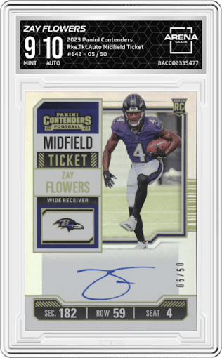 Zay Flowers from the 2023 Panini Contenders set featuring a Midfield Ticket parallel graded by Arena Club and given an overall grade of 9.