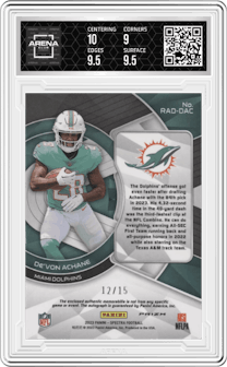 De'Von Achane  from the 2023 Panini Spectra set featuring a Neon Orange parallel graded by Arena Club and given an overall grade of 9.5.