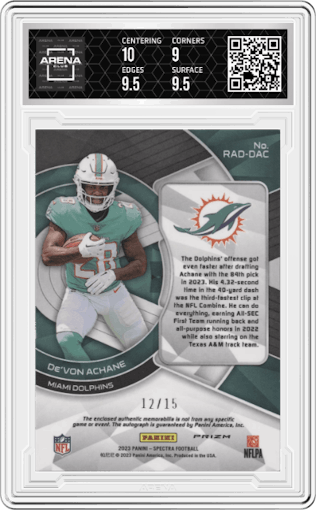 De'Von Achane  from the 2023 Panini Spectra set featuring a Neon Orange parallel graded by Arena Club and given an overall grade of 9.5.