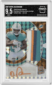 De'Von Achane  from the 2023 Panini Spectra set featuring a Neon Orange parallel graded by Arena Club and given an overall grade of 9.5.