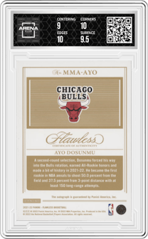 Ayo Dosunmu from the 2021-22 Panini Flawless set featuring a Amethyst parallel graded by Arena Club and given an overall grade of 9.5.