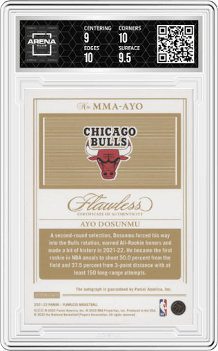 Ayo Dosunmu from the 2021-22 Panini Flawless set featuring a Amethyst parallel graded by Arena Club and given an overall grade of 9.5.