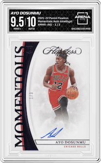 Ayo Dosunmu from the 2021-22 Panini Flawless set featuring a Amethyst parallel graded by Arena Club and given an overall grade of 9.5.