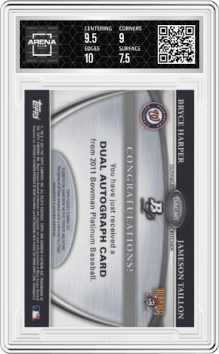 Bryce Harper/Jameson Taillon from the 2011 Bowman Platinum  set graded by Arena Club and given an overall grade of 8.