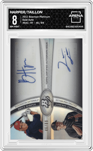 Bryce Harper/Jameson Taillon from the 2011 Bowman Platinum  set graded by Arena Club and given an overall grade of 8.