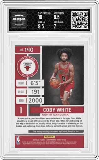 Coby White from the 2019-20 Panini Contenders set featuring a Playoff Ticket parallel graded by Arena Club and given an overall grade of 7.5.