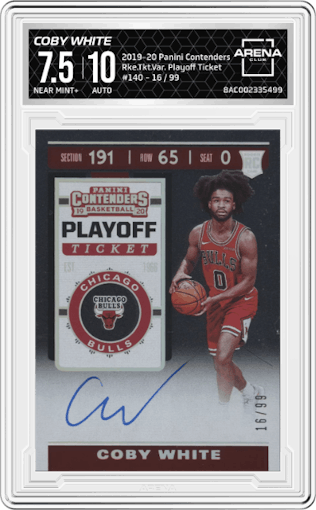 Coby White from the 2019-20 Panini Contenders set featuring a Playoff Ticket parallel graded by Arena Club and given an overall grade of 7.5.