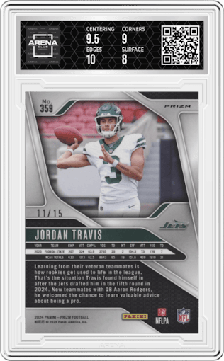 Jordan Travis from the 2024 Panini Prizm set featuring a Forest Camo parallel graded by Arena Club and given an overall grade of 8.5.