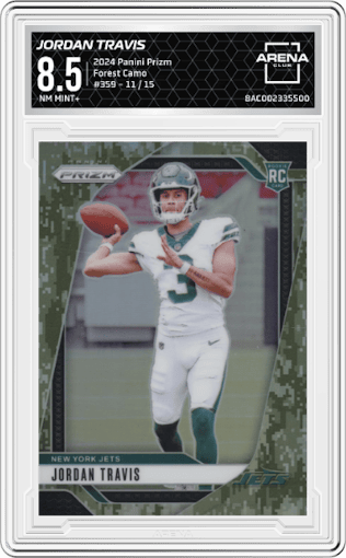 Jordan Travis from the 2024 Panini Prizm set featuring a Forest Camo parallel graded by Arena Club and given an overall grade of 8.5.