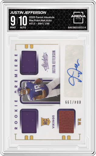 Justin Jefferson from the 2020 Panini Absolute set graded by Arena Club and given an overall grade of 9.