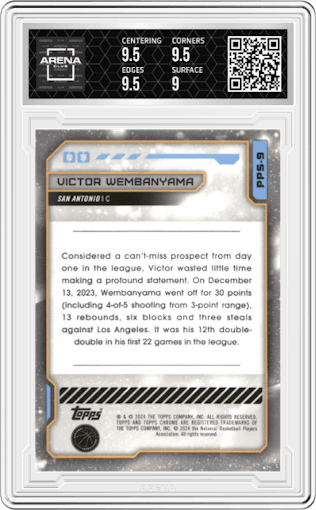 Victor Wembanyama from the 2023-24 Topps Chrome Cosmic set graded by Arena Club and given an overall grade of 9.5.