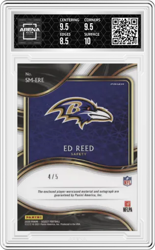 Ed Reed from the 2020 Panini Select set featuring a Gold Prizm parallel graded by Arena Club and given an overall grade of 9.