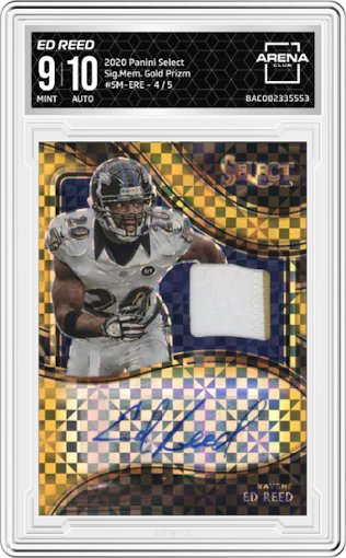 Ed Reed from the 2020 Panini Select set featuring a Gold Prizm parallel graded by Arena Club and given an overall grade of 9.