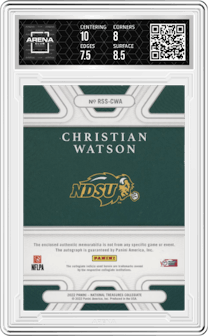 Christian Watson from the 2022 Panini National Treasures Collegiate set featuring a Brand Logo parallel graded by Arena Club and given an overall grade of 8.
