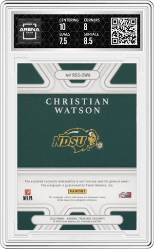 Christian Watson from the 2022 Panini National Treasures Collegiate set featuring a Brand Logo parallel graded by Arena Club and given an overall grade of 8.